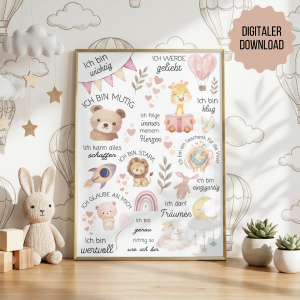 Affirmationsposter f&uuml;r Kinder &ndash; Digitales Poster Kinderzimmer mit positiven Glaubenss&auml;tzen Rosa