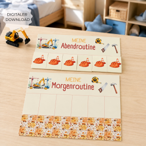 Routineplan Kinder Baustelle zum Ausdrucken – Morgenroutine & Abendroutine mit 48 Routinekärtchen