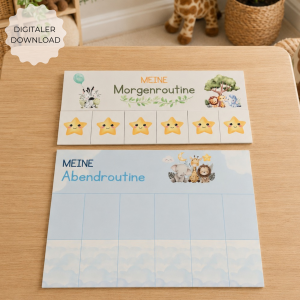 Routineplan Kinder Dschungel Blau-Grün – Safari Morgenroutine & Abendroutine zum Ausdrucken