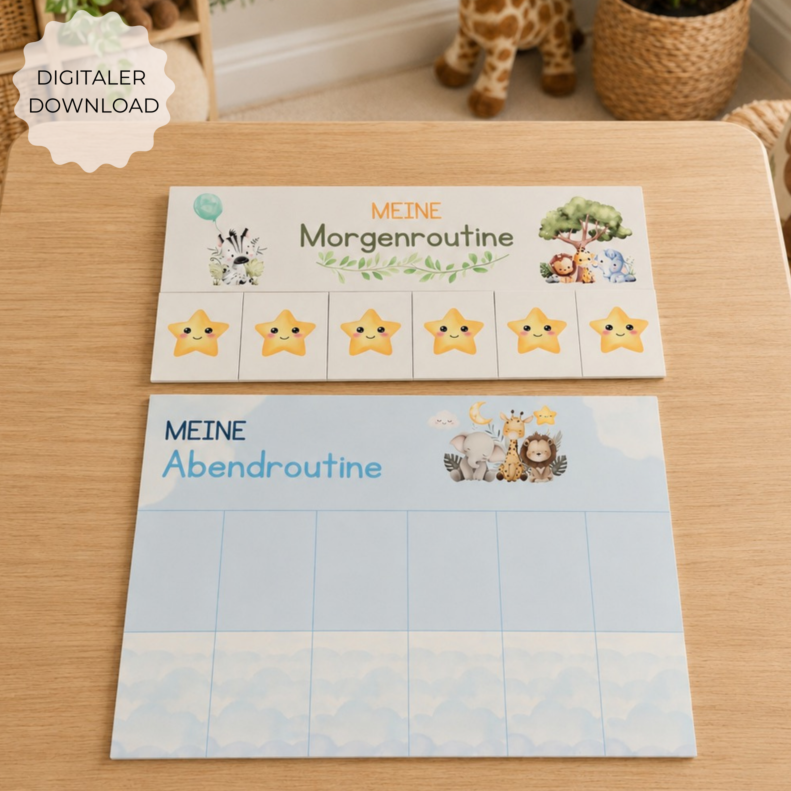 Routineplan Kinder Dschungel Blau-Grün – Safari Morgenroutine & Abendroutine zum Ausdrucken