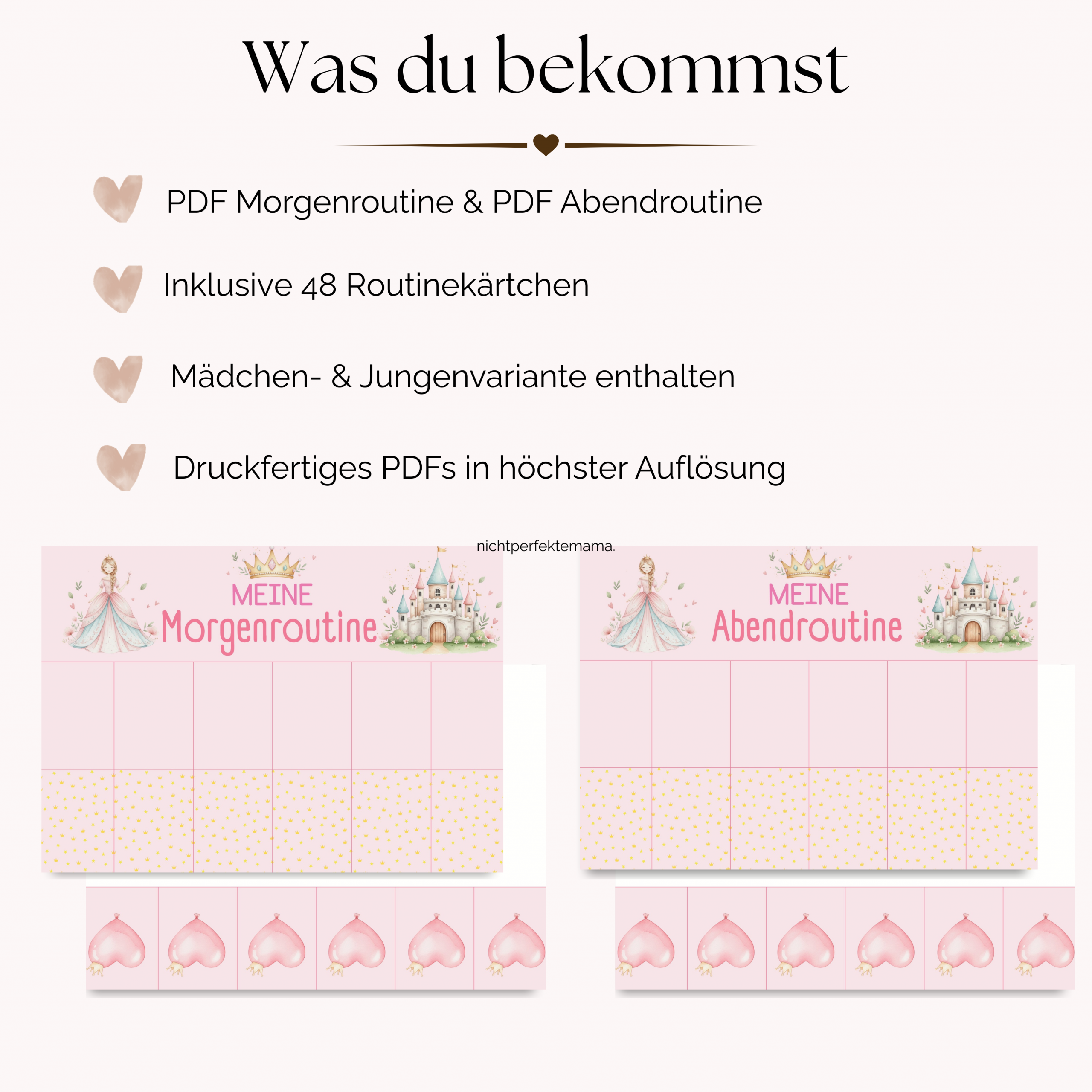 Routineplan Kinder zum Ausdrucken – Prinzessinen Morgenroutine & Abendroutine mit 48 Routinekarten – Bild 3